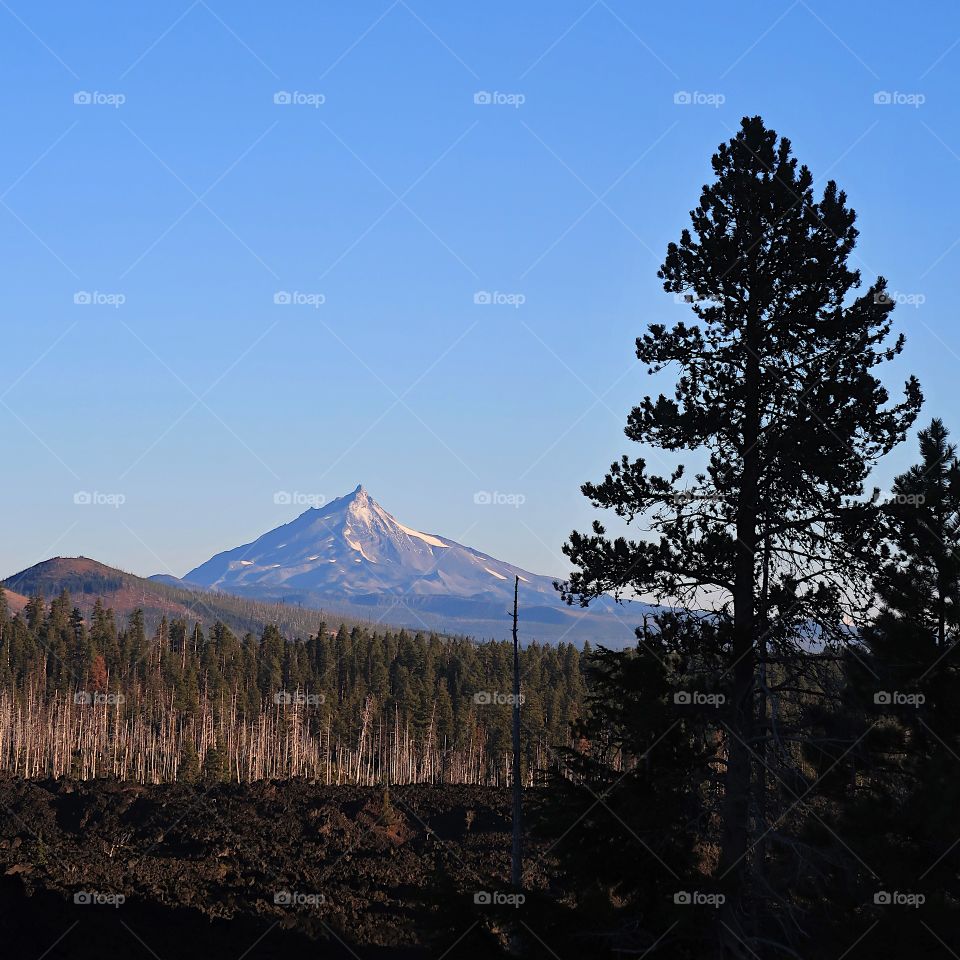 Morning sunrise on Mt. Jefferson in Oregon’s Cascade Mountain Range with a field of lava rock on a fall day with clear blue skies.