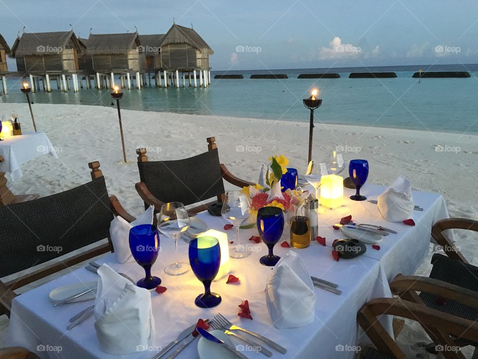 Idyllic dinner setting in Paradise, Maldives. 