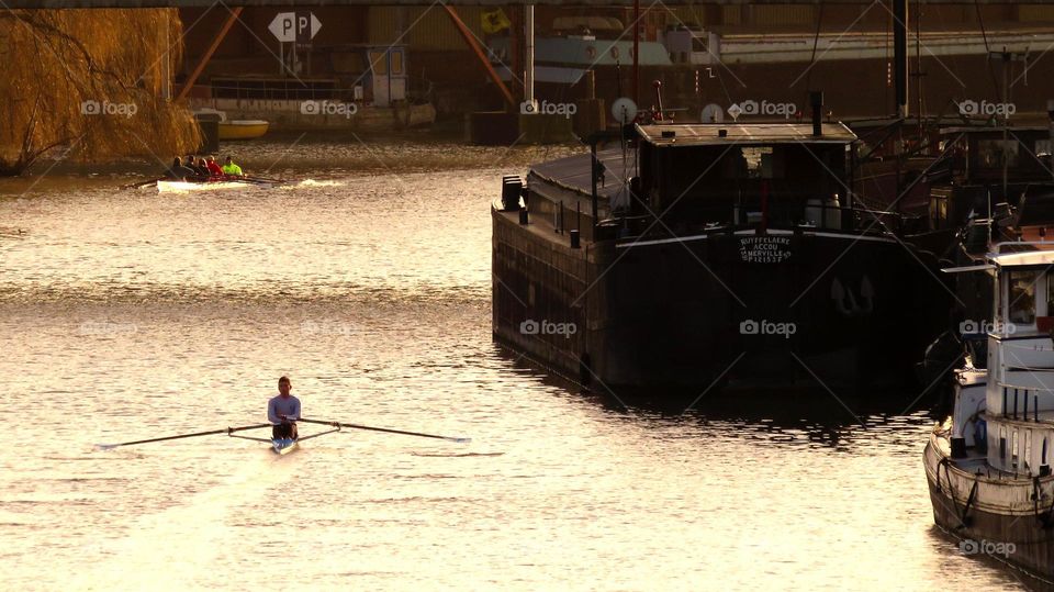 rowing in sunset