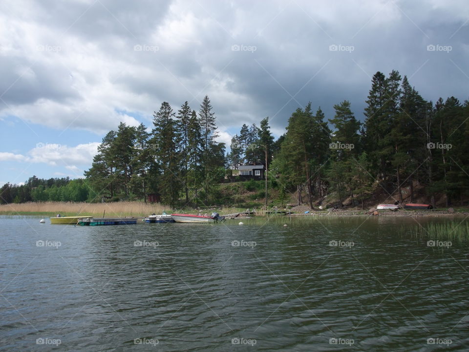 Storm cloud over trees and lake