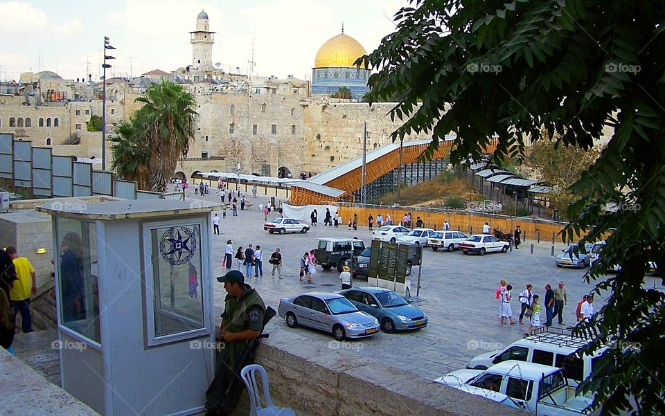 Guards in the City of David on the Temple Mount in Jerusalem, Israel; Dome of the Rock in distance