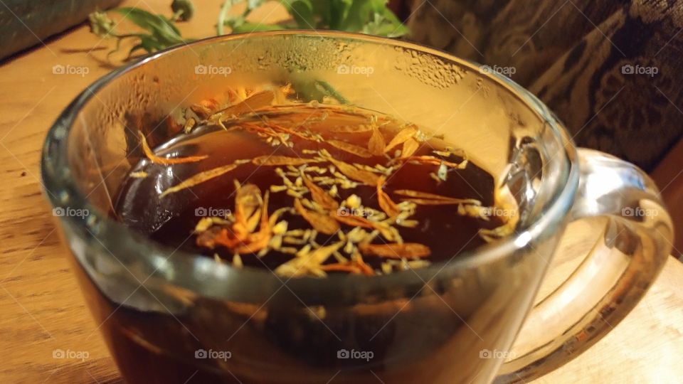 Herbal Tea in a steamed Glass Mug