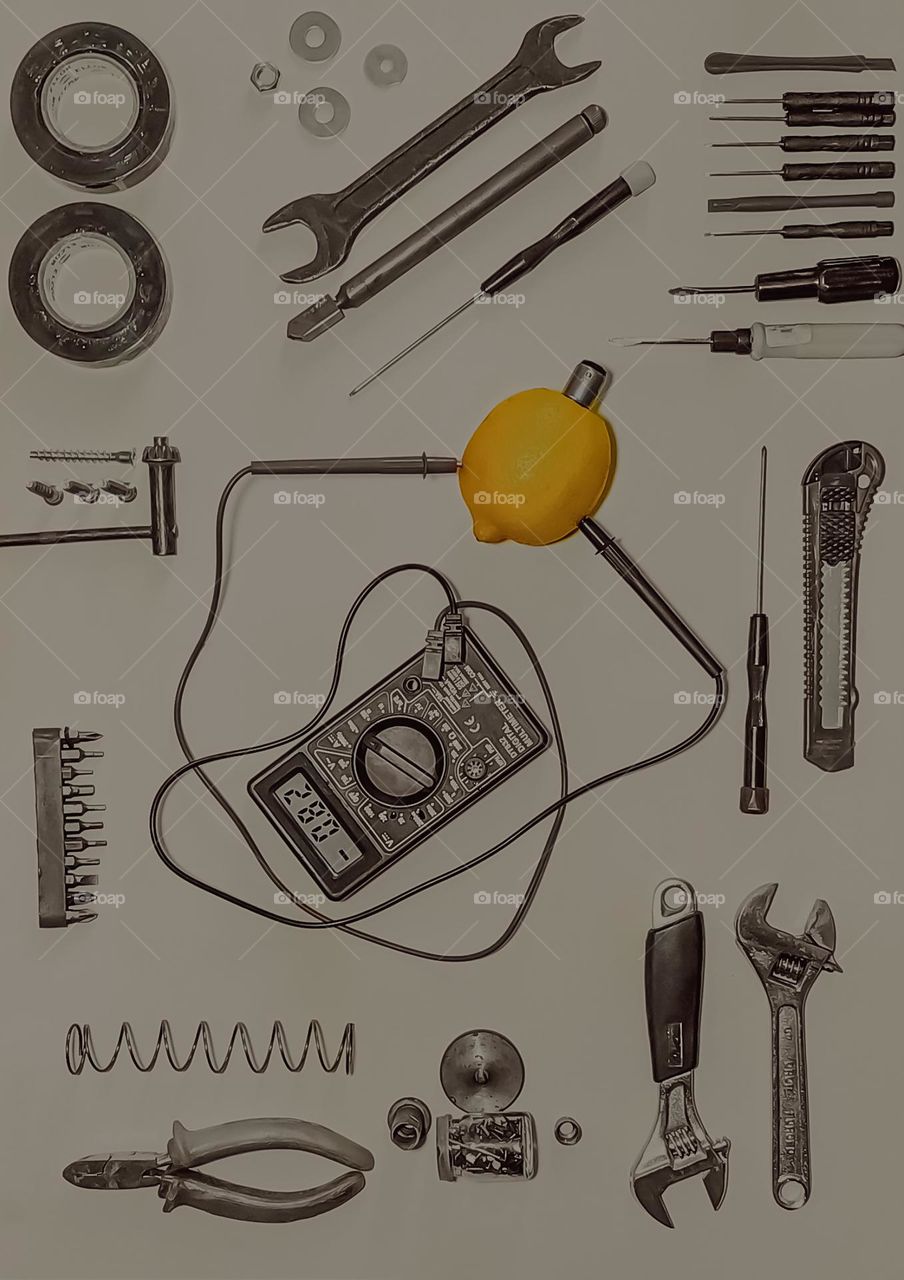 flat lay tools and lemon. new electricity concept