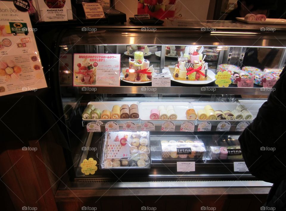 Colorful Pastry and Dessert Display, Glass Case in Bakery. Tokyo, Japan.