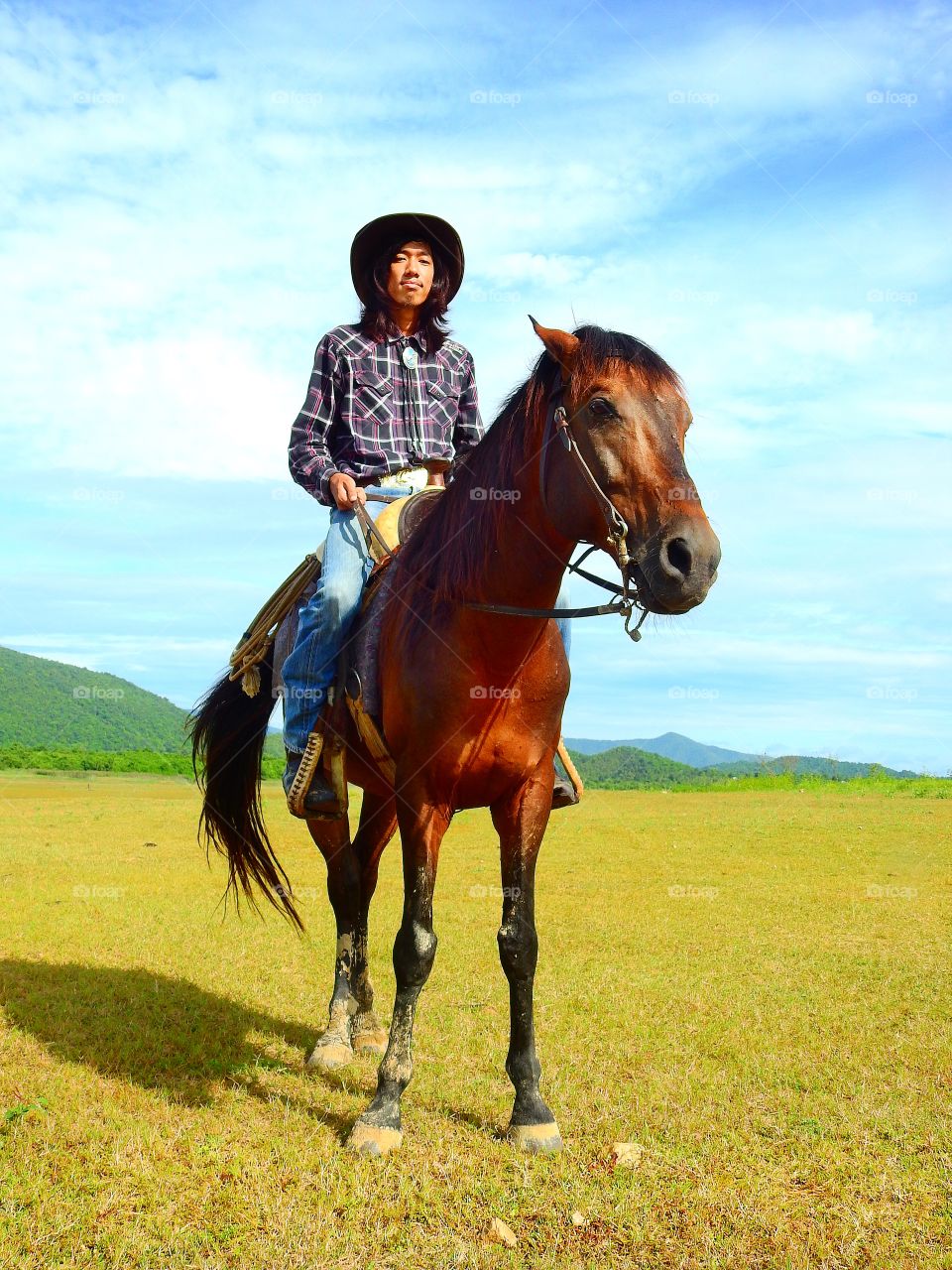 Young Asian man riding brown horse