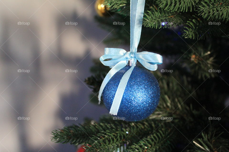 Blue globe on Christmas tree.