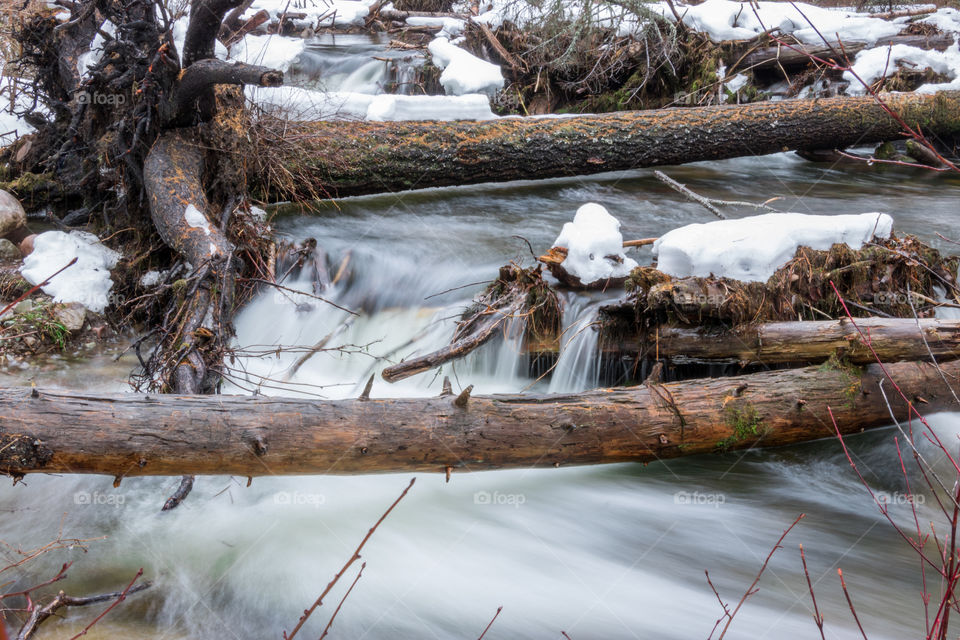 Flowing mountain stream in the winter