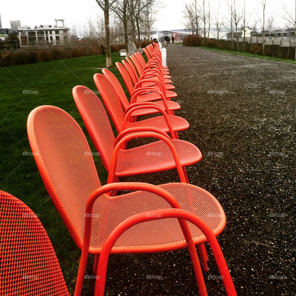 Red chairs in sculpture park downtown Seattle Washington 