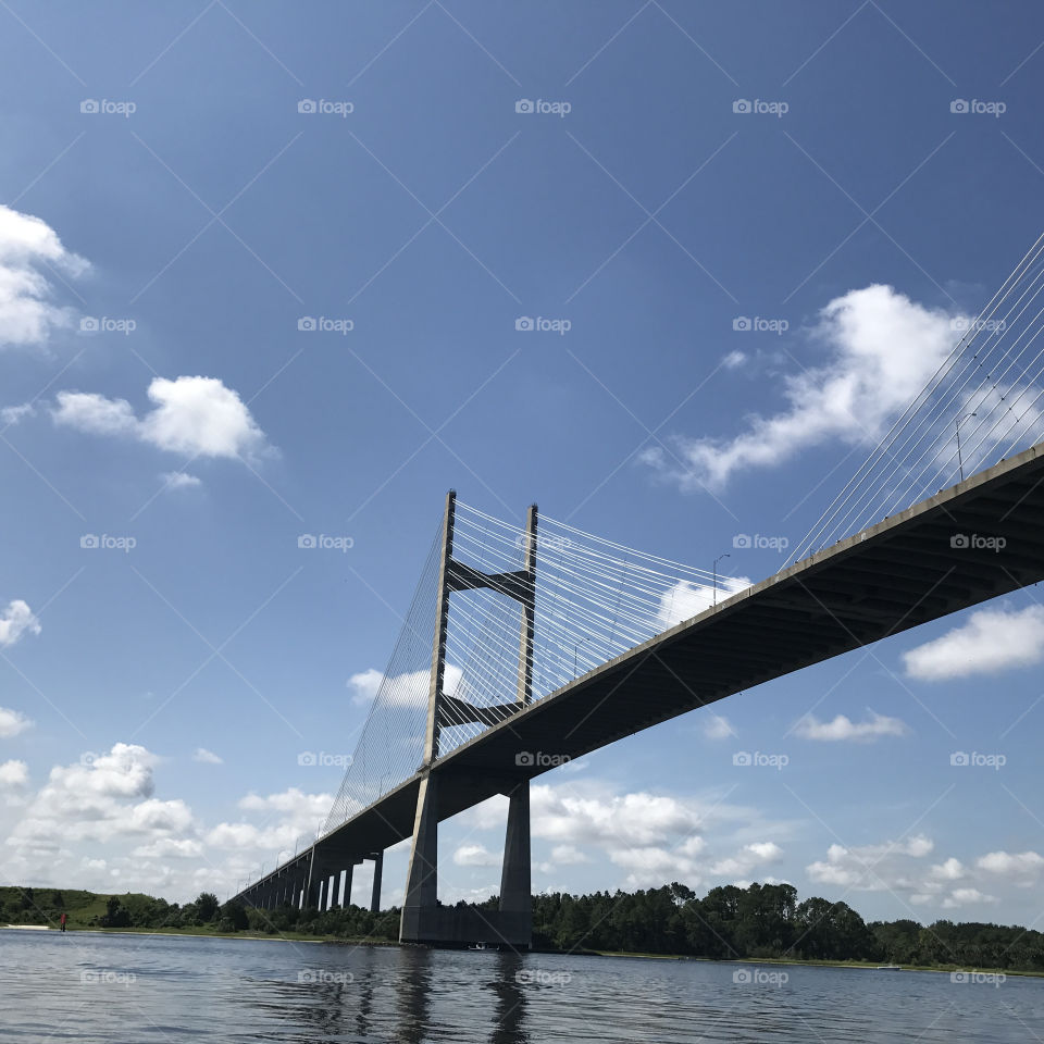 View from water of suspension bridge 
