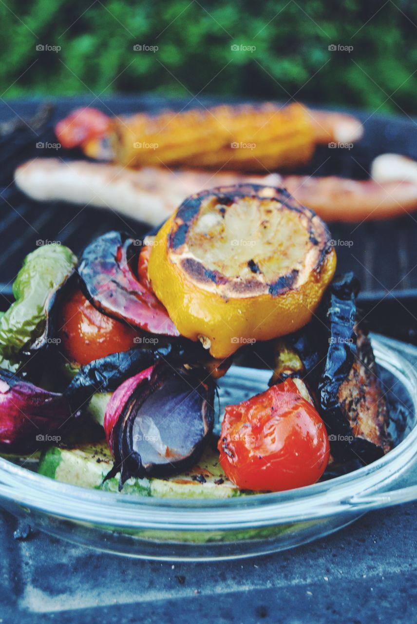 Grilled vegetables on table