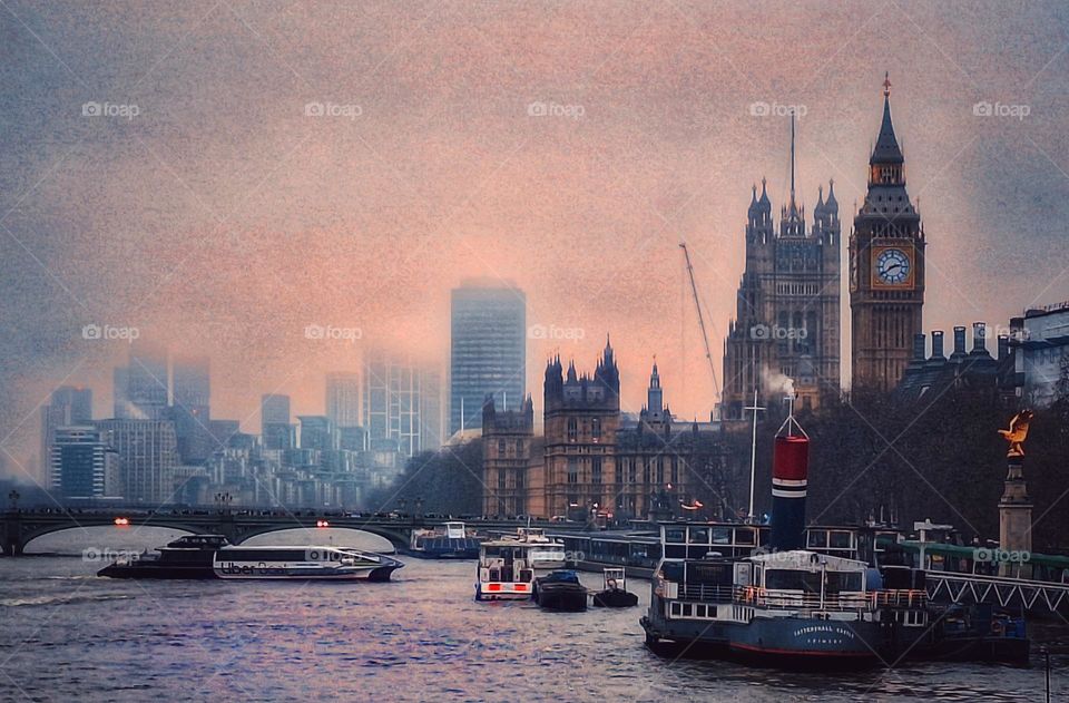 Foggy river Thames in the style of Monet's painting 'The Thames below Westminster'.