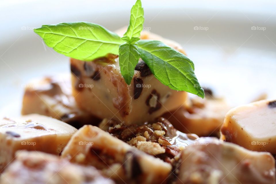 Close-up of garnished light fudge with mint