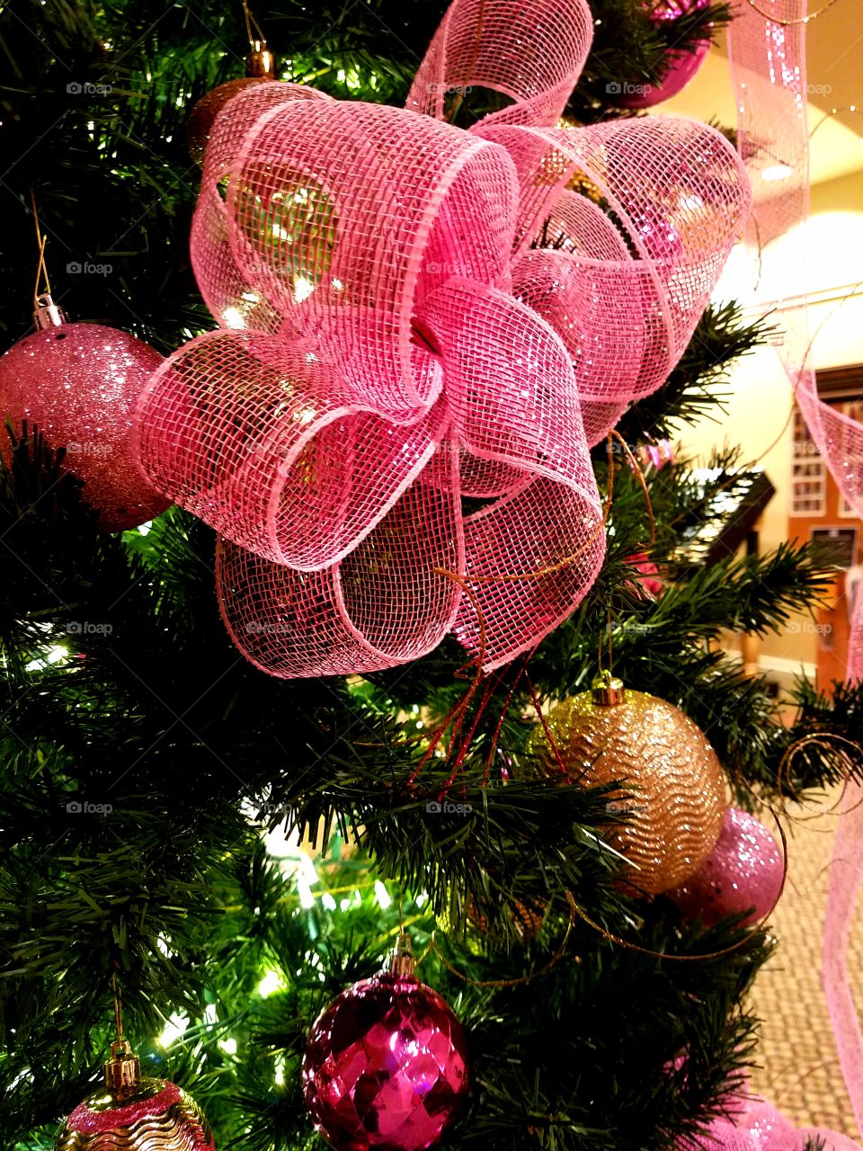 Pink bow on the Christmas tree