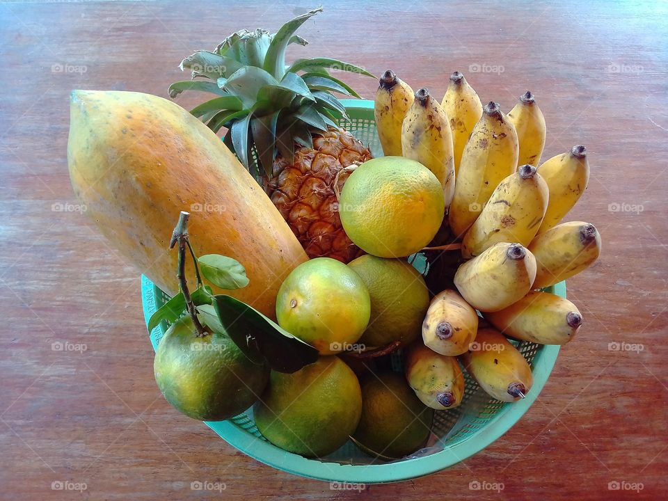 fruits, banana, orange, papaya, pineapple