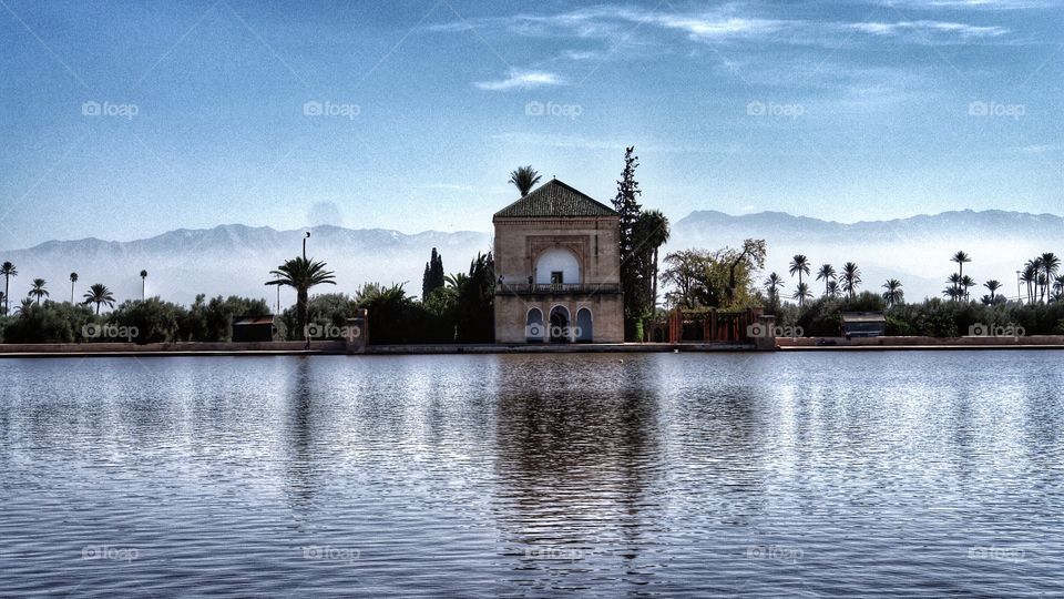 Menara Pavilion reflected on lake, Marrakesh, Morocco  . Menara Pavilion reflected on lake, Marrakesh, Morocco  