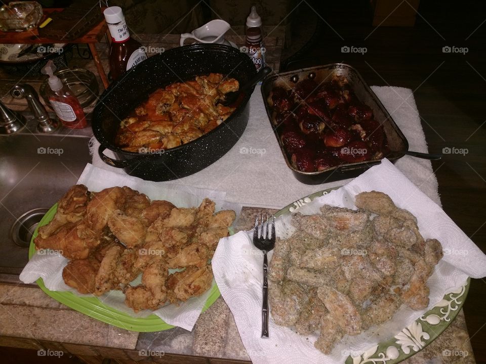 Sunday dinner down south, fried chicken, buffalo wings, BBQ wings, and ranch wings