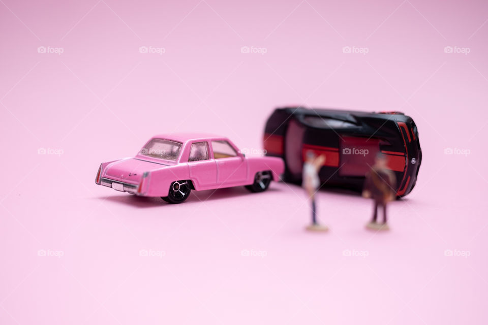 Little toy car crash accident with little toy miniature people