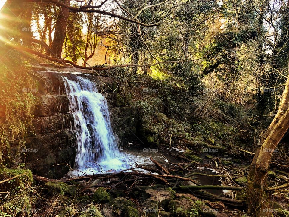 Beautiful picturesque waterfall in the woods during a warm winter sunset. 