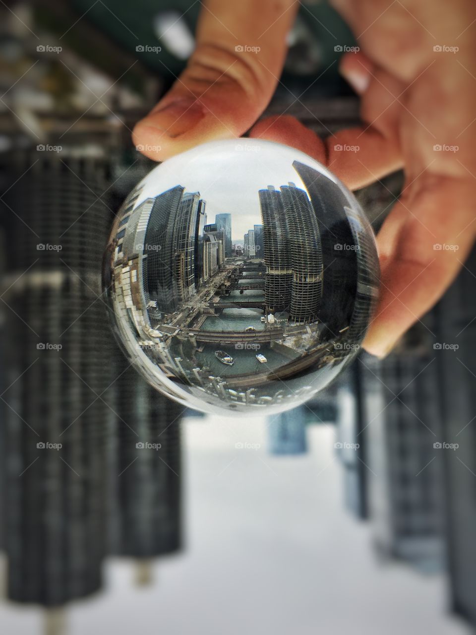 Reflection of the Chicago River in a crystal ball