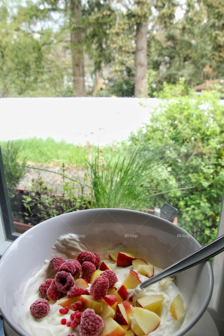Close-up of a bowl of raspberries and yoghurt by the window overlooking nature 