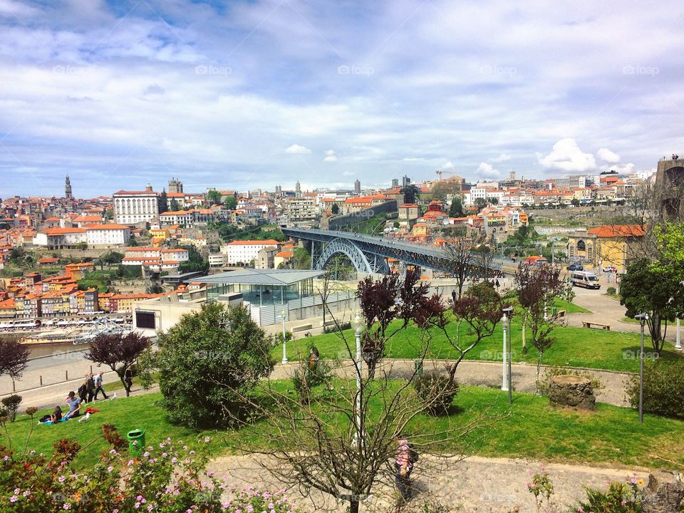 Site seeing to Oporto bridge from near garden 