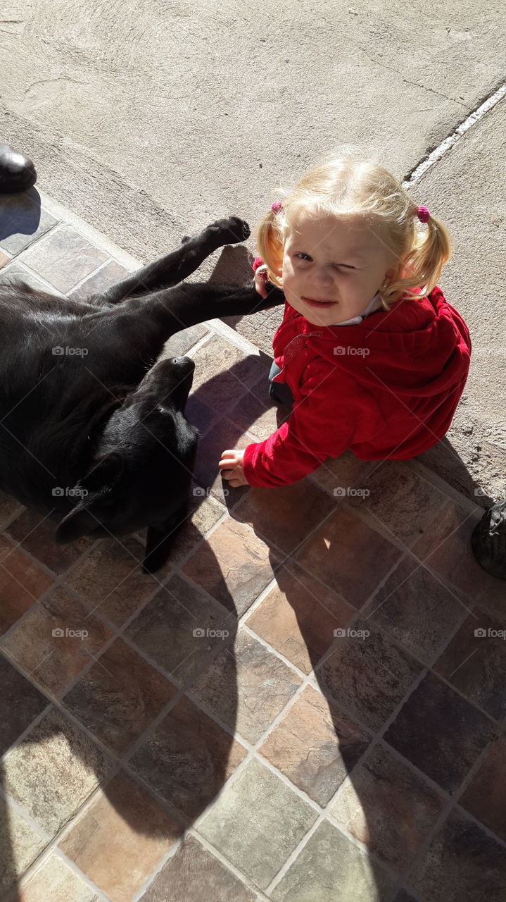 kid playing with dog