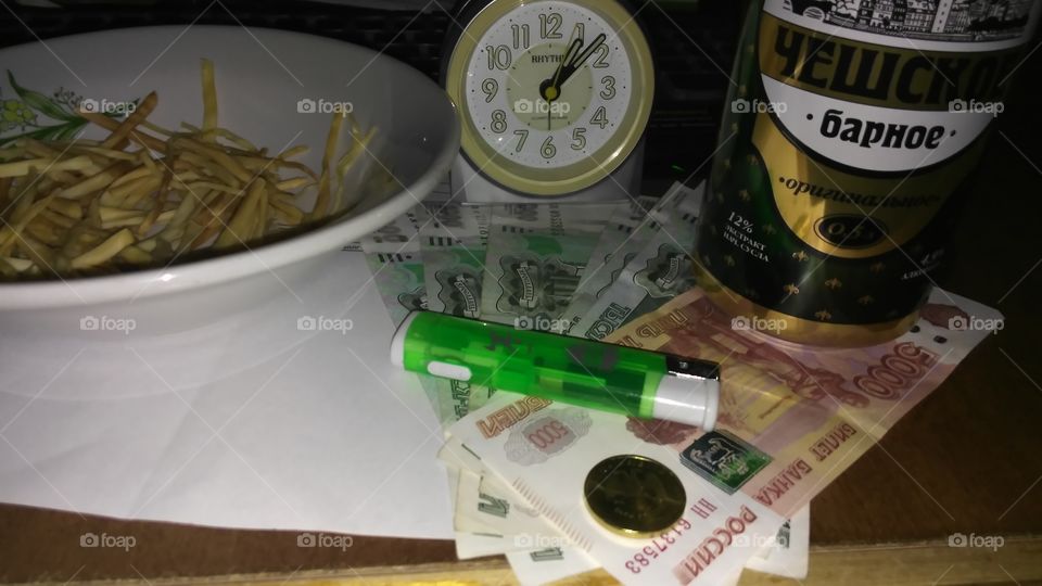 money, clock, beer