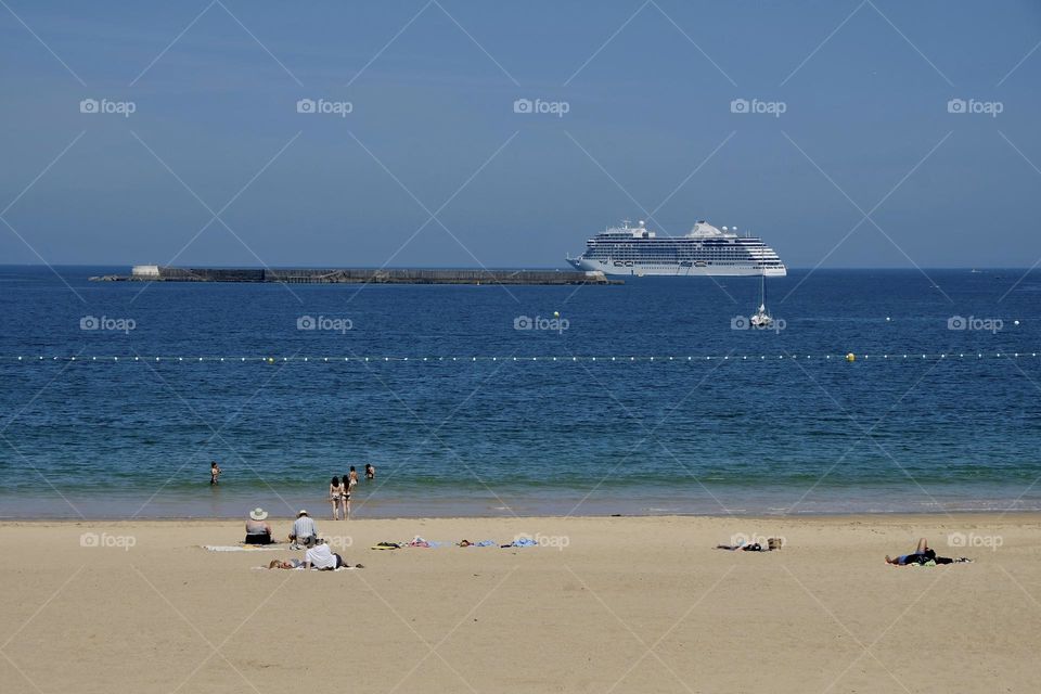 Scenic view of sea against clear sky.