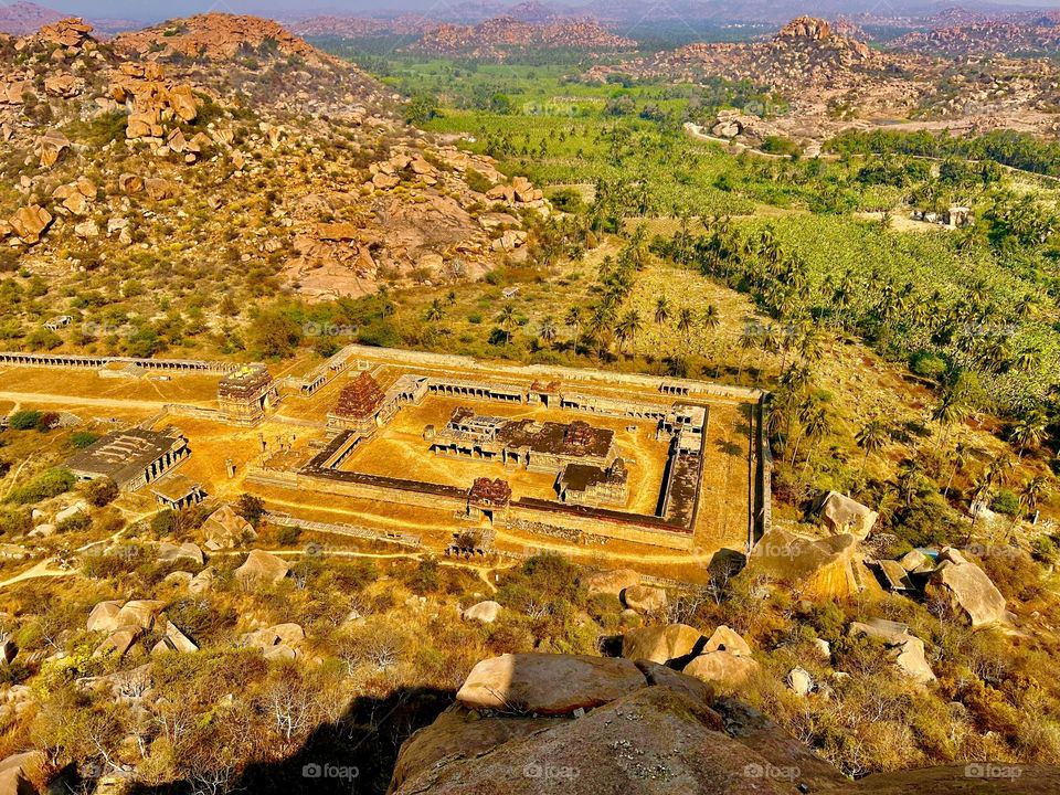 Aerial view of Destroyed abandoned temple complex of ancient city - Hampi - Achutanarayana temple complex 