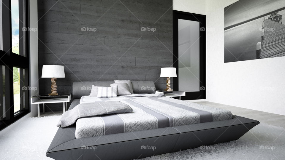 Bright modern bedroom with modern furniture, materials and accessories for a luxurious and clean look .. all for relax and luxury life