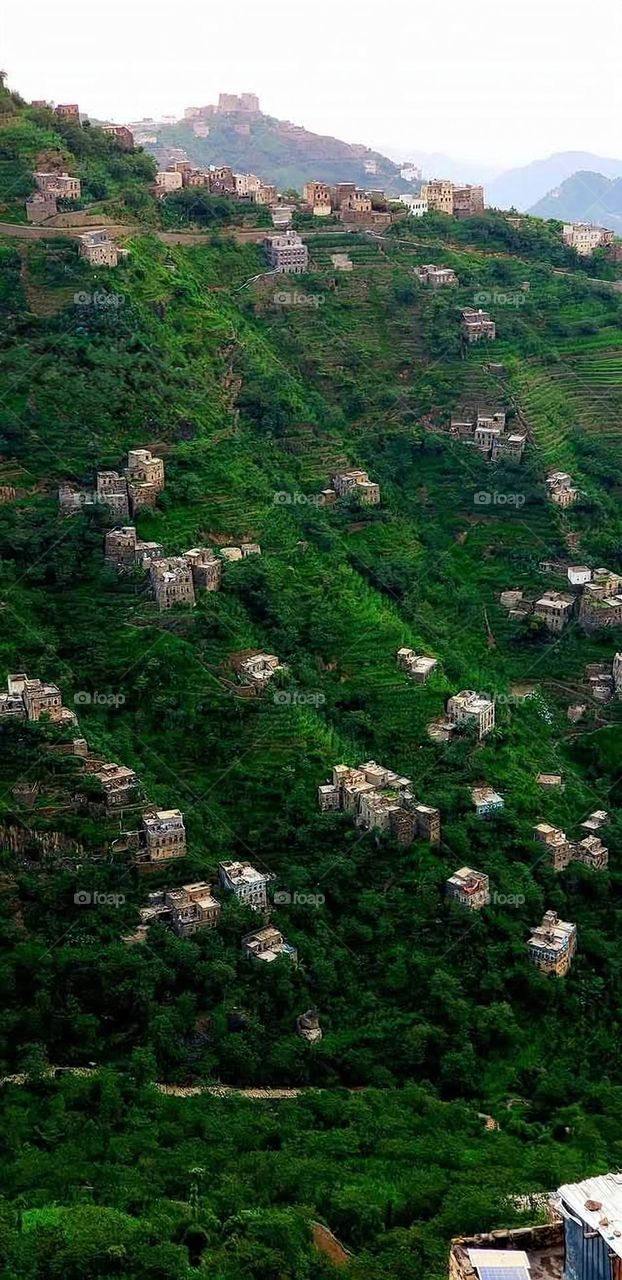 A stunning view of green mountains covered in fog in Yemen