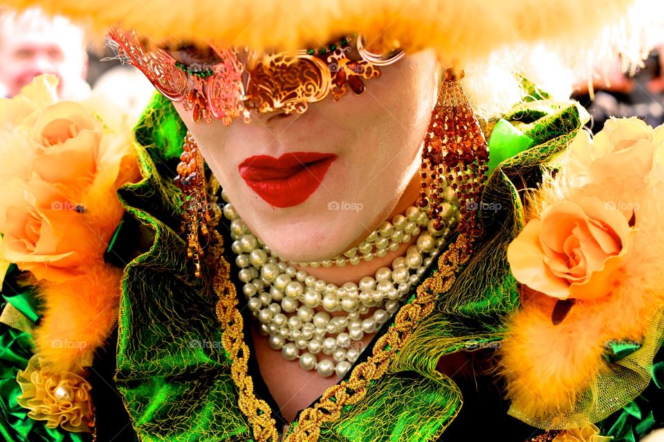 Close-up of a women dressed for venice festival