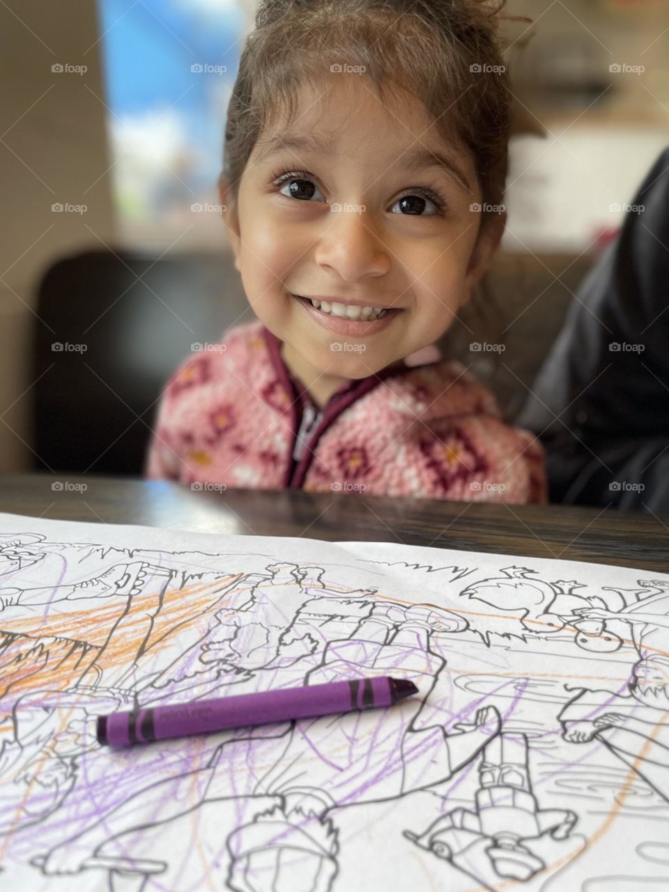 Little girl excited to color, little girl in diner, toddler colors, coloring with crayons, mommy and me at a diner 