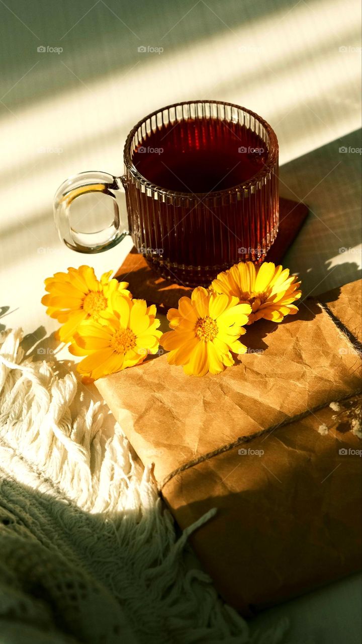 A warm and cozy still life featuring a glass cup of tea, yellow flowers, and a rustic wrapped book, bathed in soft golden sunlight. The scene evokes a sense of relaxation and nostalgia. Captured in Casablanca on January 1, 2025.