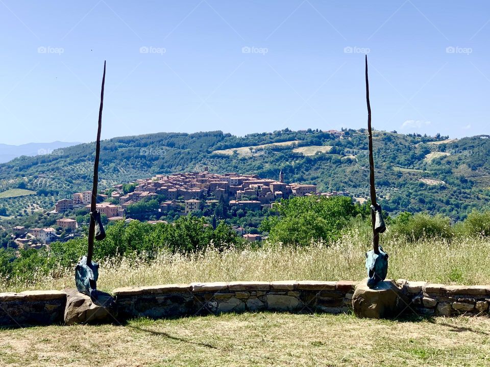 Part of Daniel Spoerri's work "Unicorni / Ombelico del mondo / Onphalos" installed in the park of the Il Giardino di Daniel Poerri Foundation in Seggiano, Tuscany