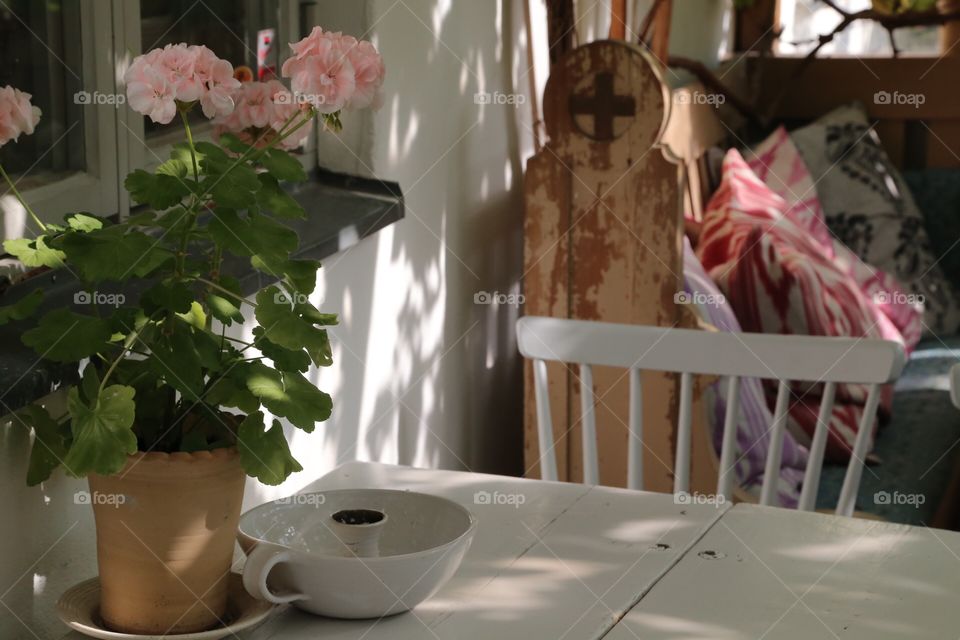 Cozy corner indoors by the table with white wooden chair and pink colored flower on the table