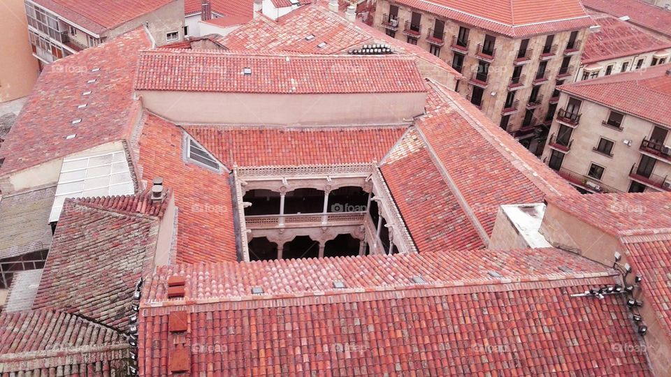 Weathered rooftops with orangey red tiles. View from above of an old cityscape.