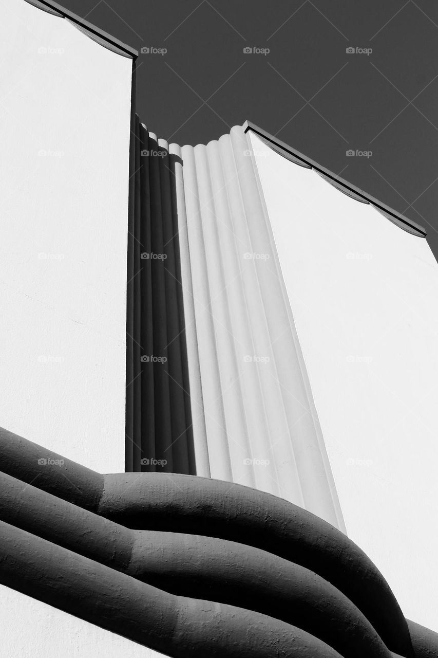 Art deco Presidio Theater in the marina district of San Francisco California with its strong sleek lines and sculptural facade in black and white 