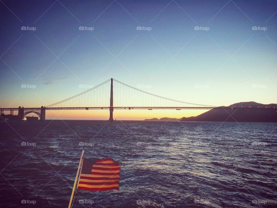 Golden Gate iconic view with US flag