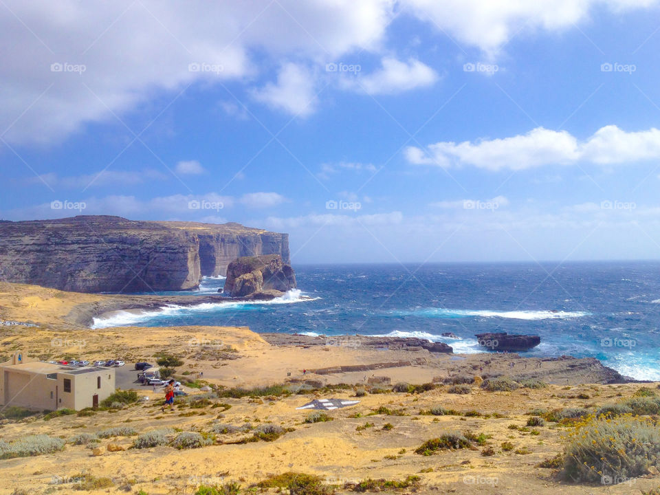 Panorama taken from above a cliff in the village of San Lorenzo in Malta.