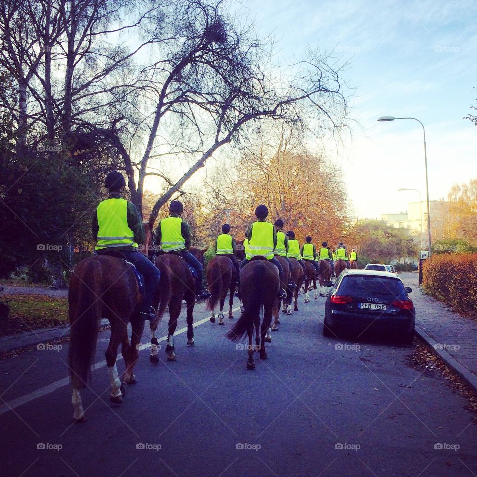Group of horses on the street with riders in yellow vests
