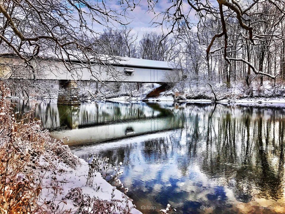 Covered bridge in winter in Indiana. 
