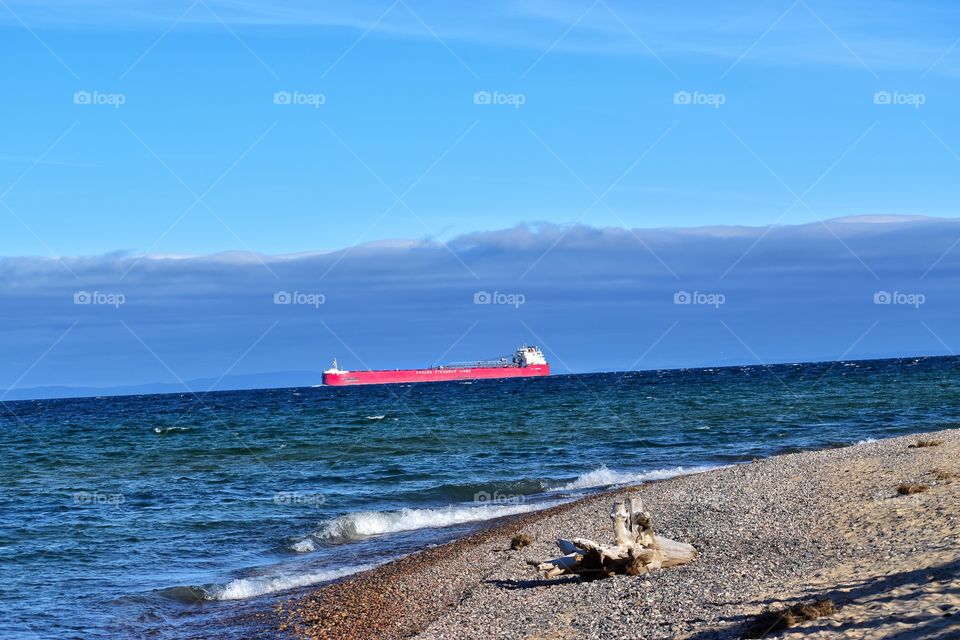 Ship from the beach on Lake Superior 