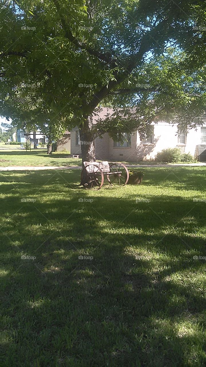 wagon wheel chair. this chair sits out front for evening shade