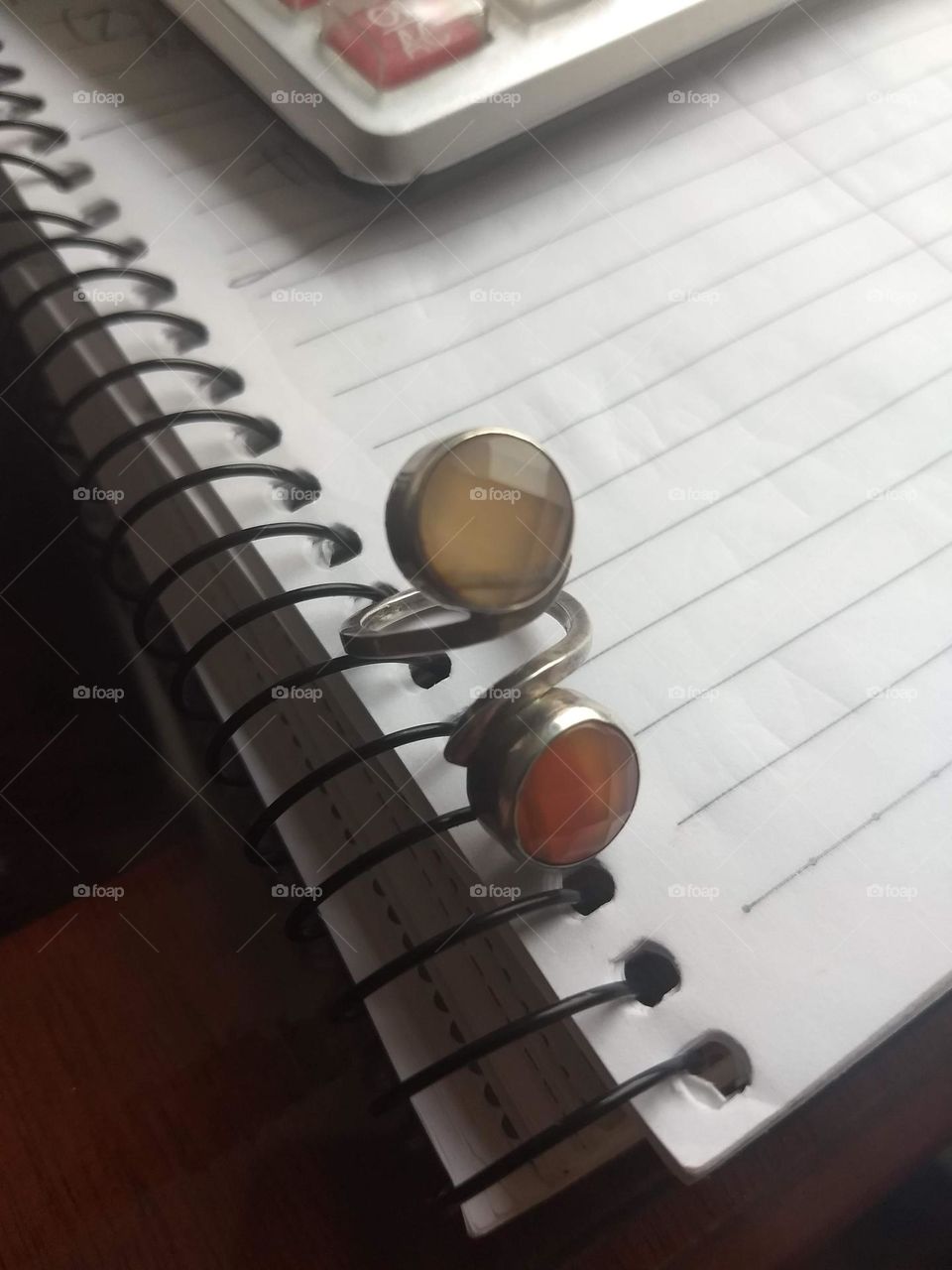 silver Ring, cornaline and notebook