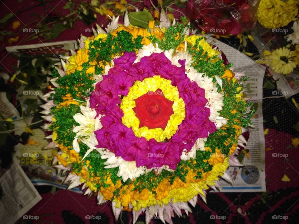 assorted flowers decoration for bathukamma festival in South India Telangana