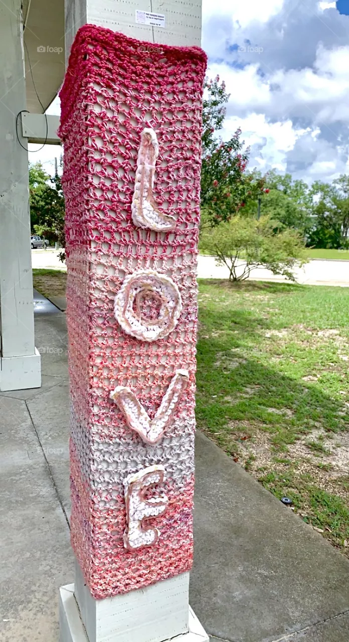 “Love” my community! Someone made this beautiful crochet art to add to the local public park.