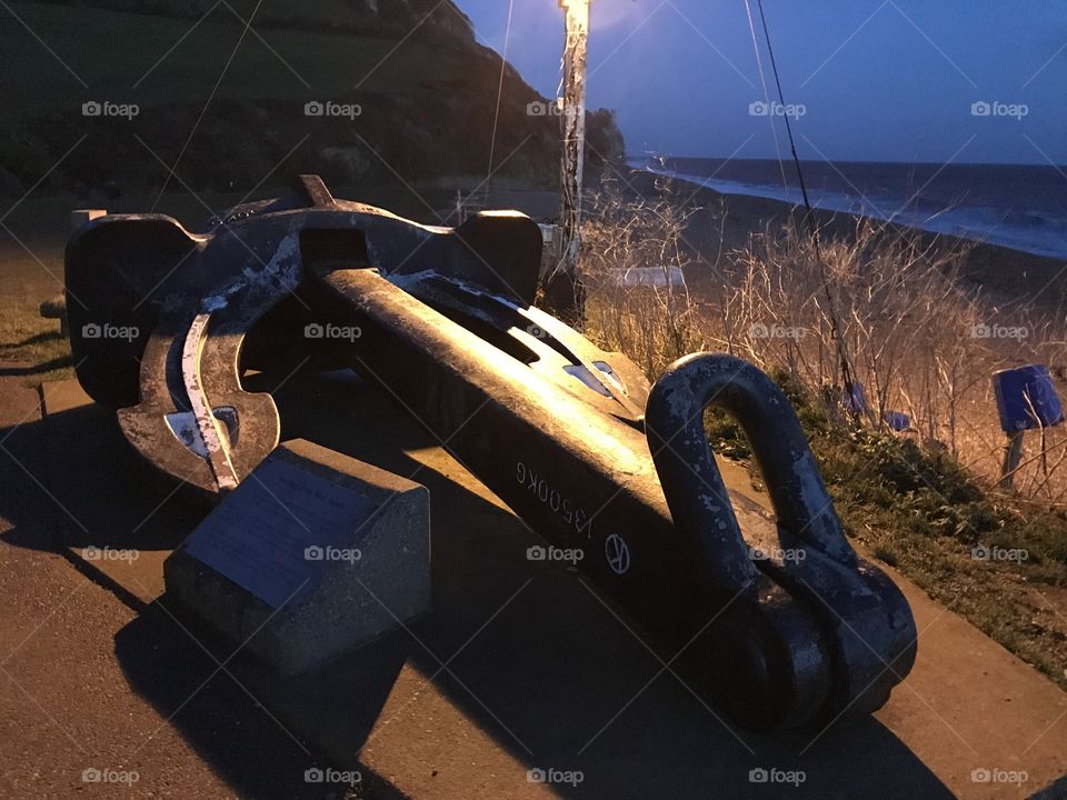 The anchor of the MSC Napoli cargo ship, a permanent reminder of the chaos caused by its grounding in January 2007 in the fishing village of Branscombe, Devon, UK.