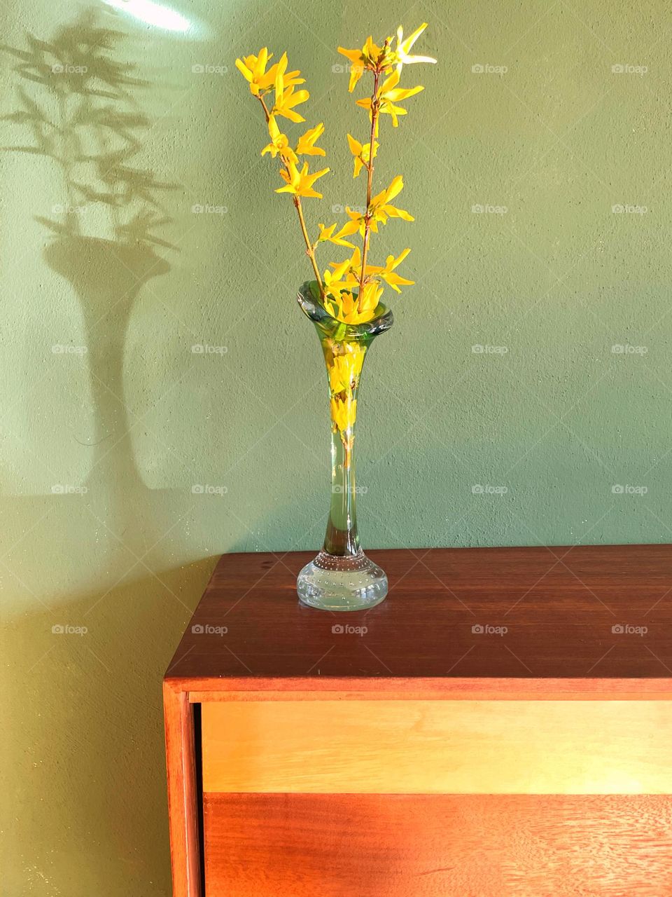 Close up of yellow flower in green vase against green wall