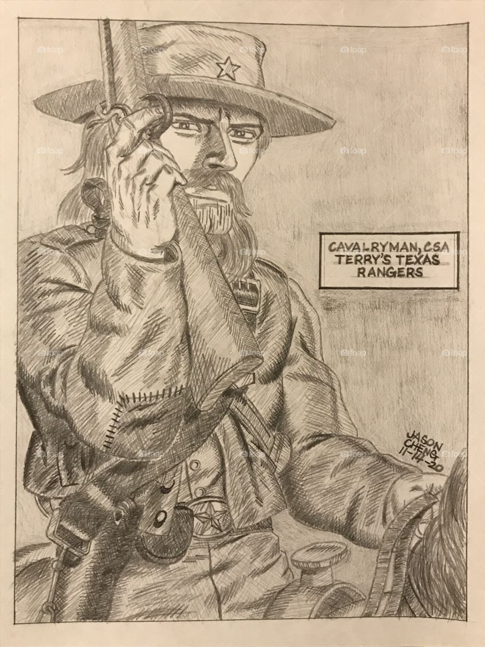 A detailed pencil rendering of a mounted Confederate cavalryman from my personal Civil War art collection. He is a member of the 8th Texas Cavalry aka Terry’s Texas Rangers.